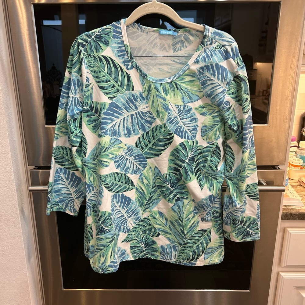 J. McLaughlin Green Leaf Print Blouse size XL GUC
